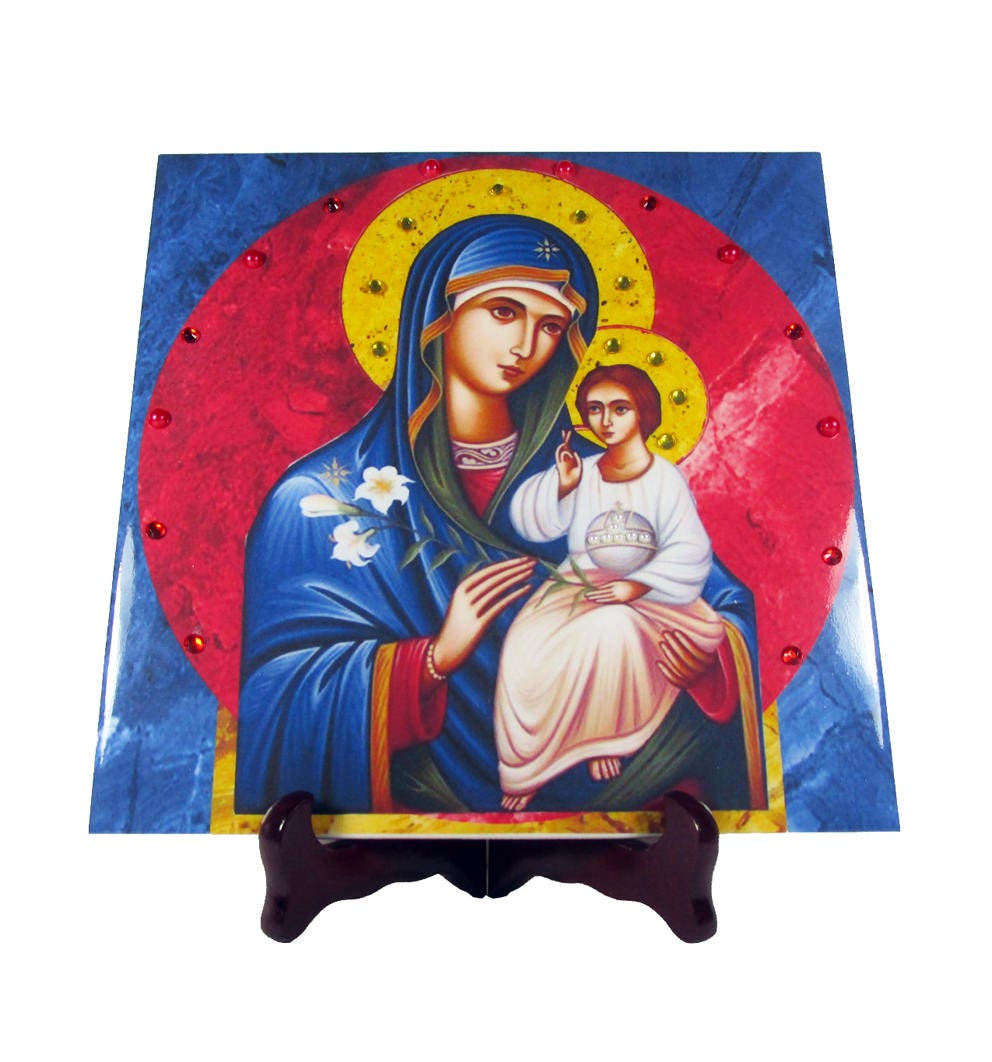 Christian Icon - Our Lady Unfading Flower Religious On Tile Virgin Mary Limited Edition With Rhinestones Christian Gifts