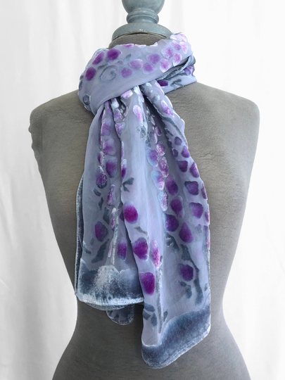 Hand Painted Silk Velvet Devoré Scarf Of Florals, Burnout Shawl, Wrap, Gray & Purple, Washable