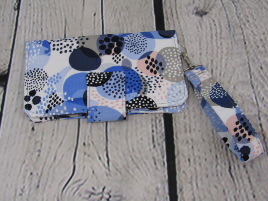Woman's Black, Blue, White Wrist Wallet, Bill Fold Phone Fabric Matching Key Chain, Handmade Wallet, Mother's Day Gift