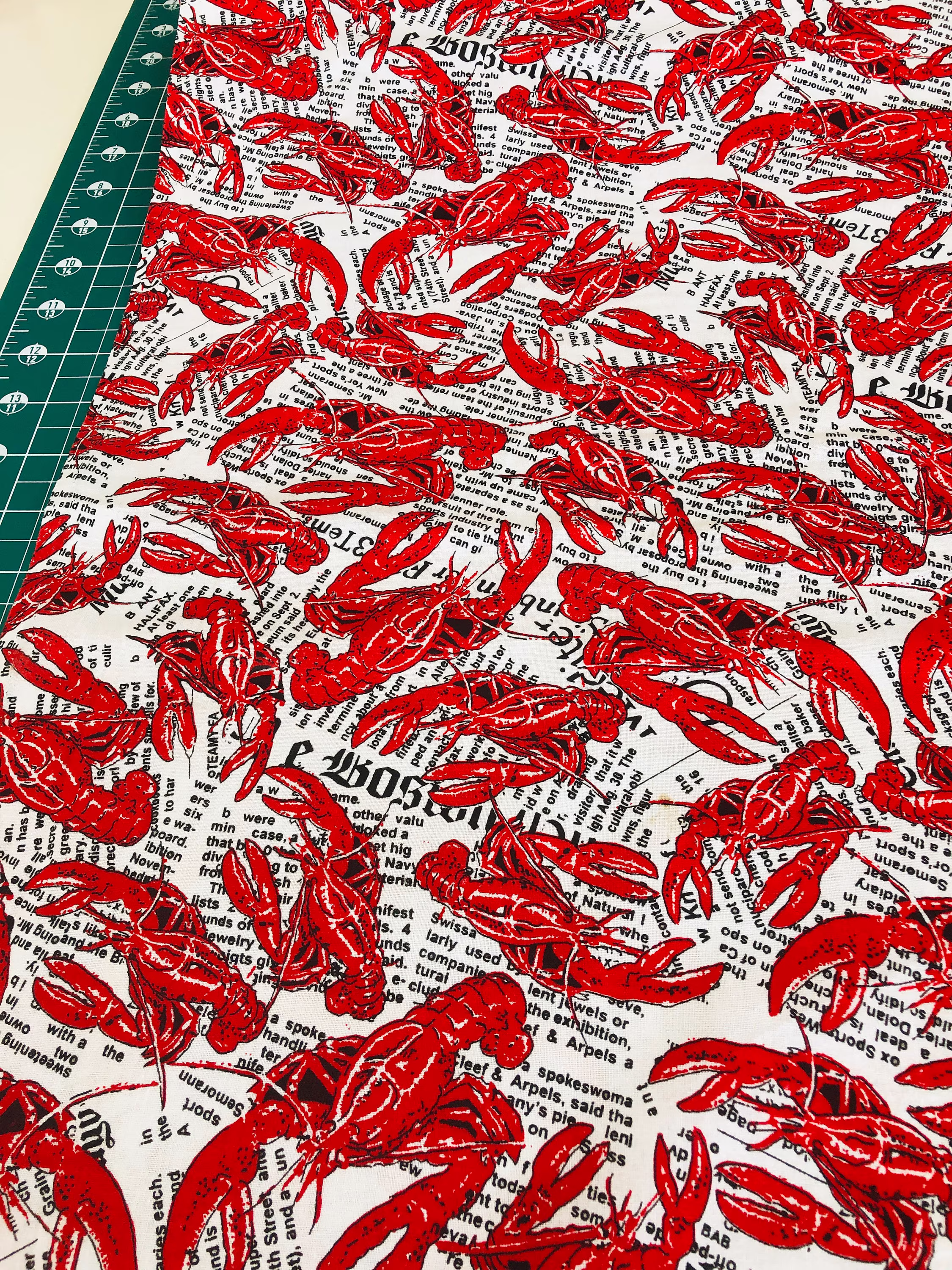 Fabric Foust Textiles Lc-12 Red Lobsters On A Newspaper Background Seafood, Shellfish New England