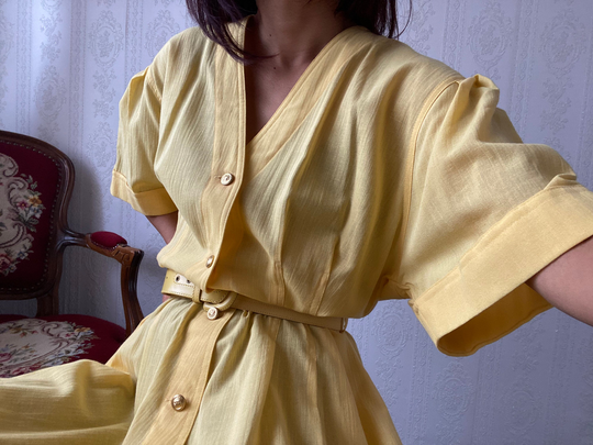 Vintage Yellow Linen Blend Dress/ Xl - Xxl