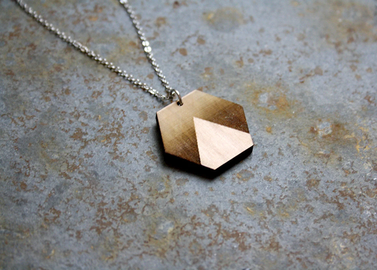 Wooden Necklace, Minimal Geometric Pendant, Wood Hexagon Shape With Triangle Engraved, Sunset Landscape Jewelry, Jewel Made in France, Paris