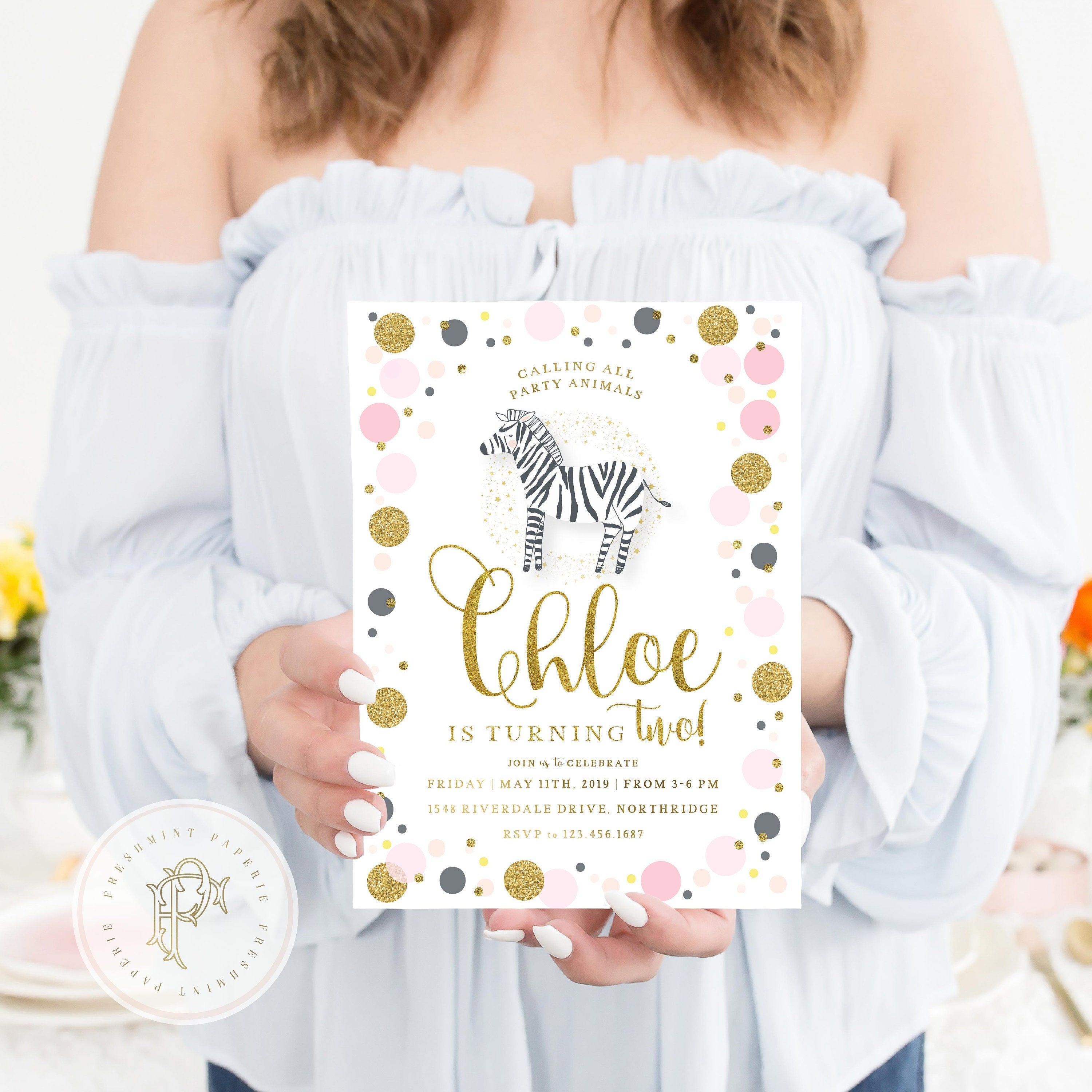 Zebra Confetti Birthday Party Invitation For Girls, Pink Confetti Invitation, Safari Animals Zoo Black Invite