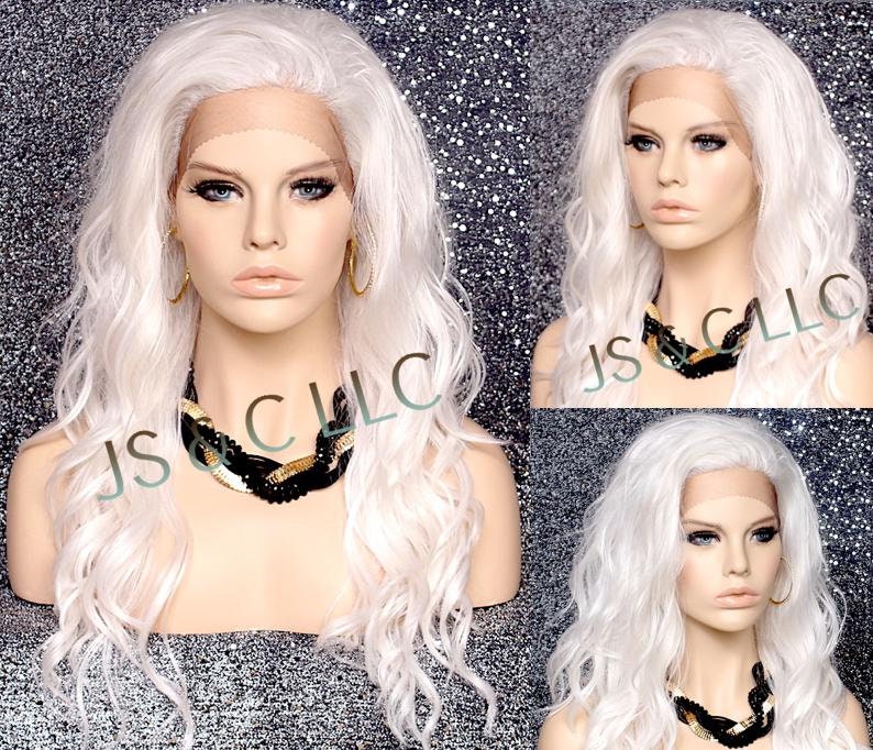 White Human Hair Blend Free Part Wig Heat Safe California Waves Long & Layered Cancer Alopecia Theatrical Cosplay