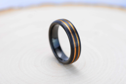 Brushed Jet Black Tungsten Band, With Two Yellow Gold Color Plated Strip Polished Beveled Edges, Double Center Groove
