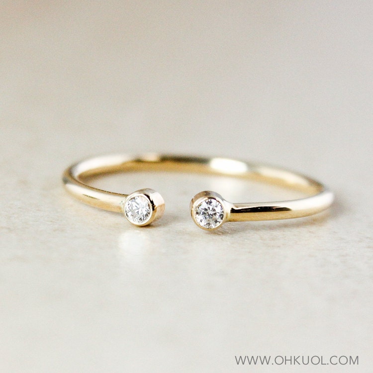 Yellow Gold Dainty Diamond Birthstone Mother Daughter Ring, 10K 2 Stone April Stacking Ring