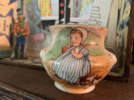 Antique Child's Sugar Bowl | Missing Lid With Little Girl & Puppy, Vintage Toy Bowl, Porcelain