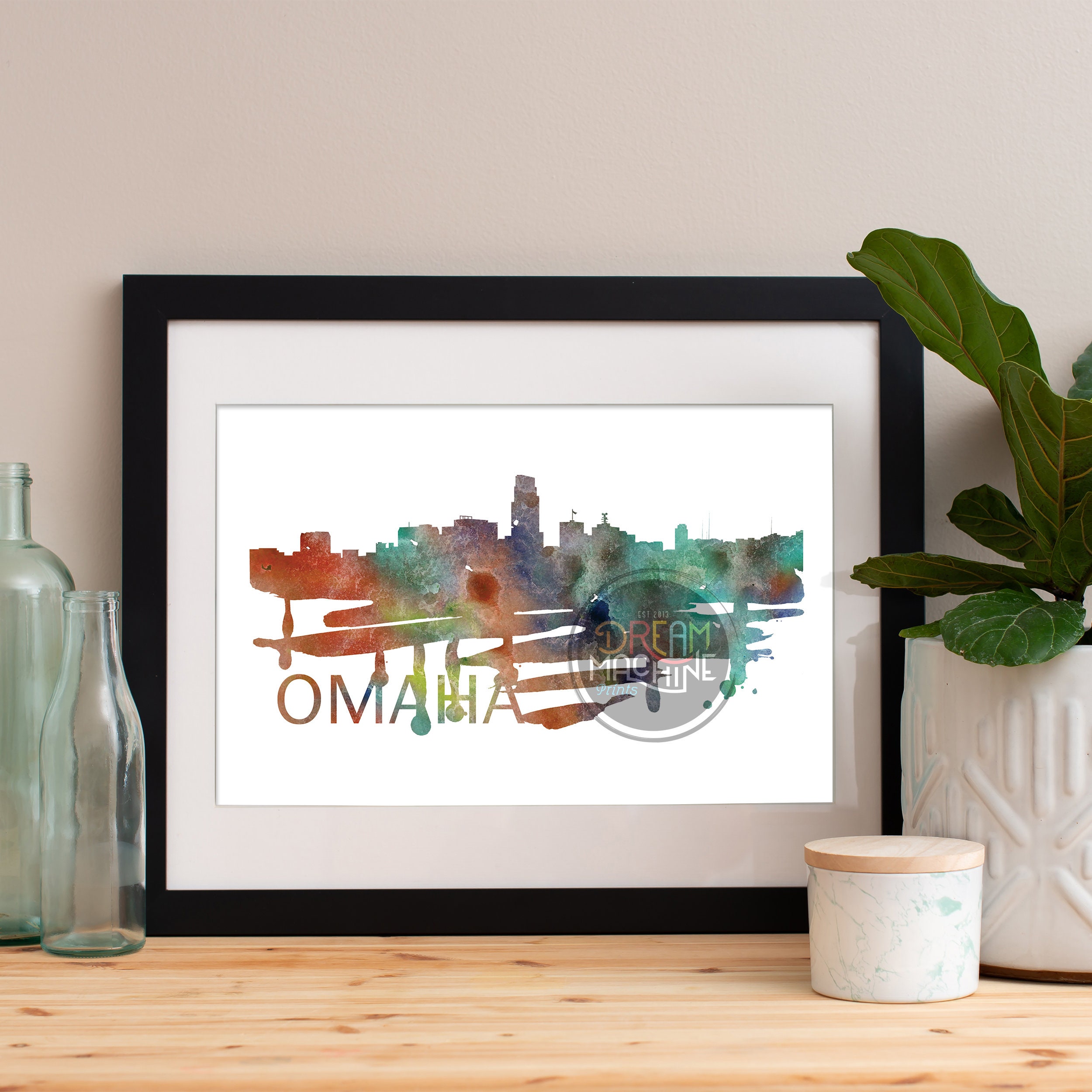Omaha Watercolor Skyline, Art, Poster, Print, Map, Wall Nebraska Art