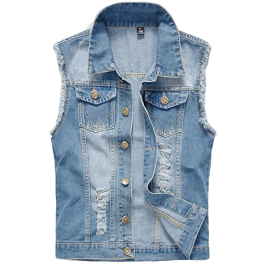 Men's Cotton Blend Hole Denim Waistcoat Vest - S
