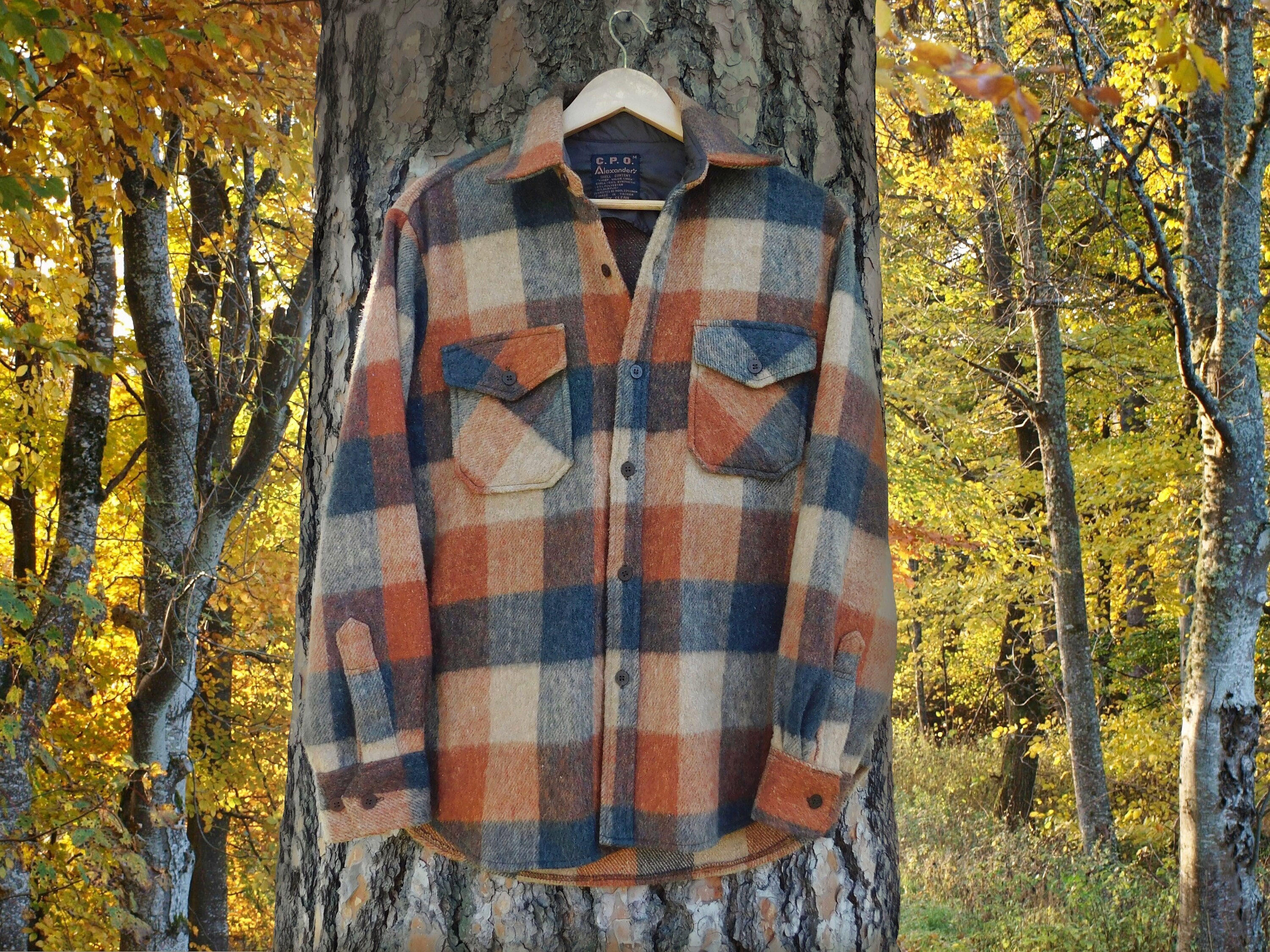 Vintage 60S Wool Blend Cpo Shadow Plaid Fall Colors Shirt Jacket W Anchor Buttons-Alexanders-Us M Small/Medium But Please See Dimensions