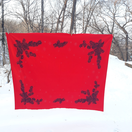 Vintage Christmas Tablecloth 62"x52" Cotton {Deep Red With Black Pinecones Embossing} Table Cloth Linen 100% Decor