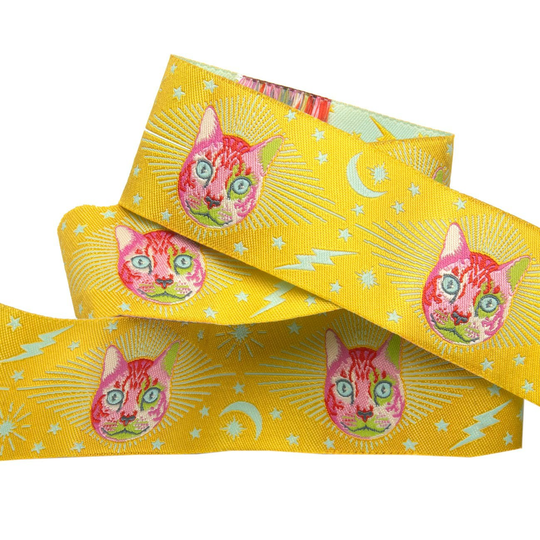 Tula Pink Curiouser, Cheshire Cat, Wonder Yellow 1-1/2" Ribbon, By The Yard