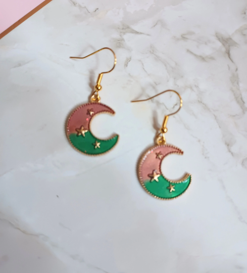 Boho Purple & Green Moon Dangling Drop Earrings With Hypoallergenic Backs Of Your Choice, Nickel Free