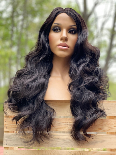 Human Hair Blend Wig Full Cap 2 Dark Brown Wavy Bodywave 22"