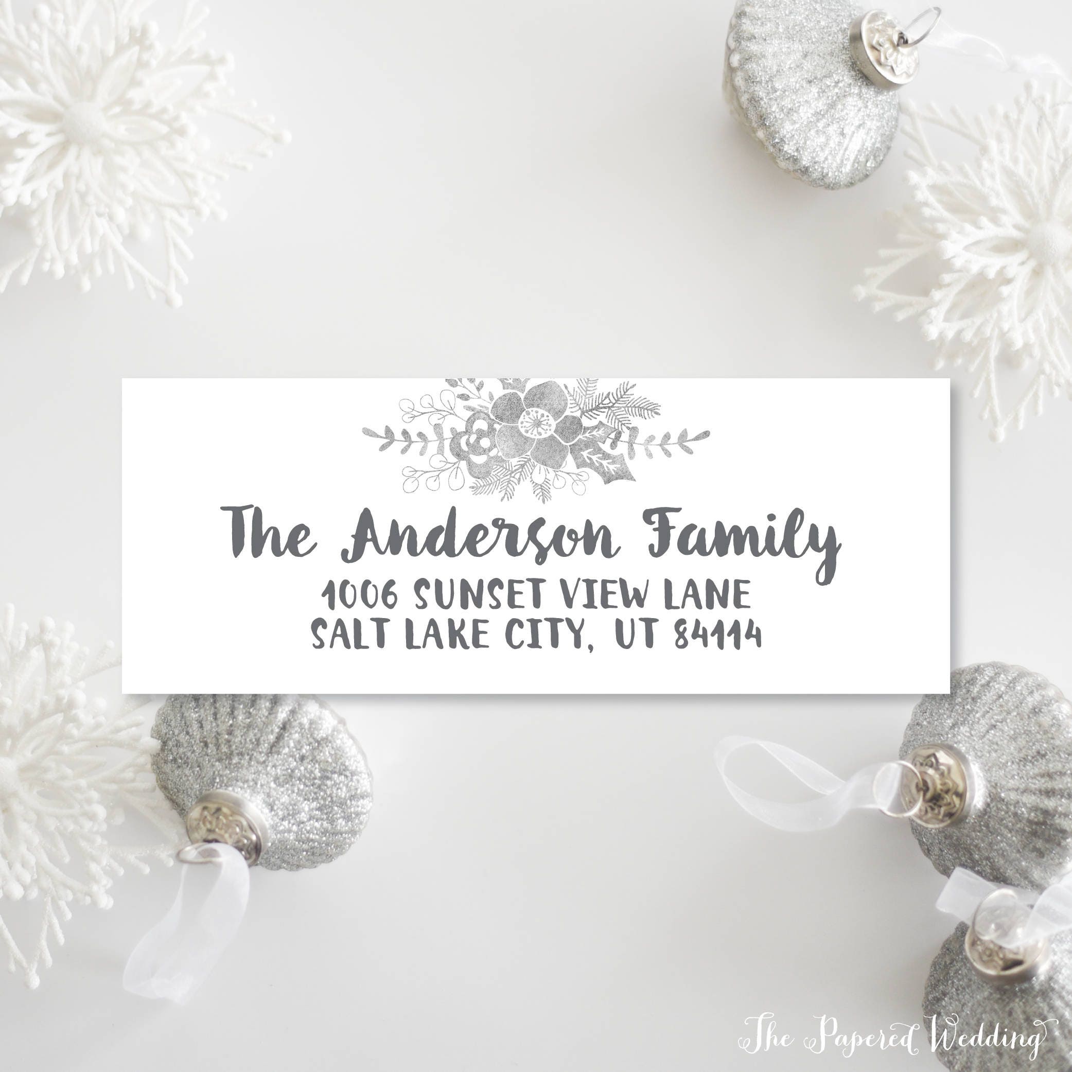 Silver Christmas Flower Return Address Labels - Faux Foil For Card Personalized Stickers 021