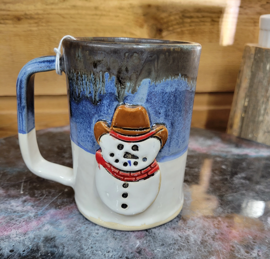 Cowboy Snowman Blue & White Pottery Mug