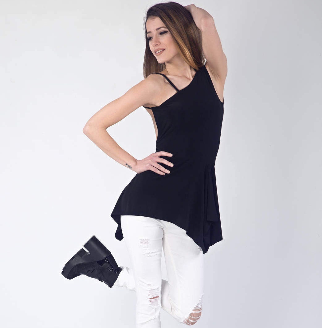 Tunic, Asymmetrical Wrap Oversized Black Tunic Top, Loose Sleeveless Top