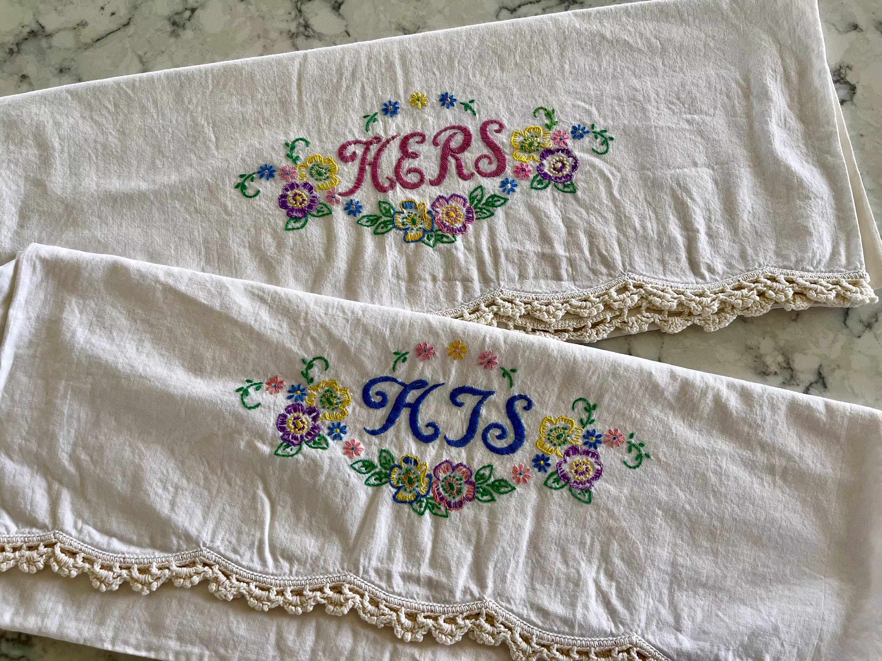 Set Of 2 Hand Embroidered His & Hers Pillowcases With Hand-Crocheted Scalloped Edges, Cotton Or Poly Blend, Darling