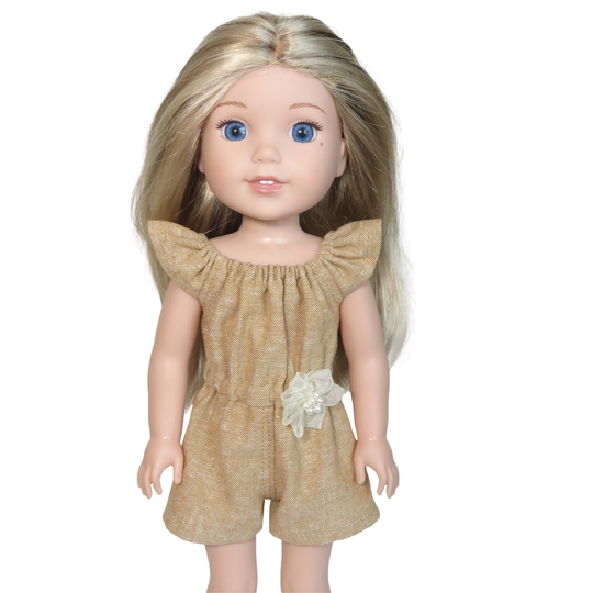 14" Doll Romper. Tan Linen Blend With Organza Flower. American Made Clothes