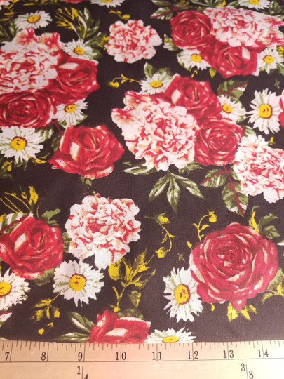 Red Floral Cotton Blend Fabric By The Yard - 3/4 Half Fat Quarter X 58 Inches Wide Fast Shipping