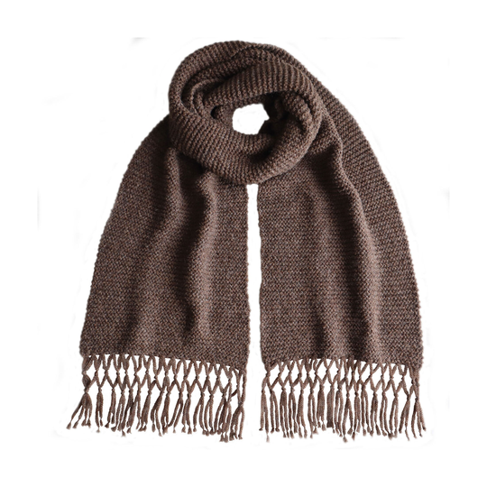 Women's Scarf Alpaca Blend, Hand Knitted With Knotted Fringes, Color Taupe
