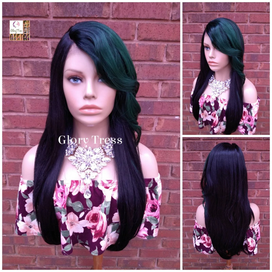 Lace Front Wig, Wigs, Human Hair Blend, Glory Tress, Straight Part Green Wig With Bangs // Joyfully