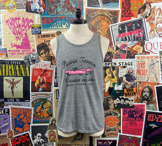 Vintage Men's 1980S-90S Gray Prairie Tavern "Cruise On In' Brush Washington Graphic Rayon Tri Blend Tank Top | 80S