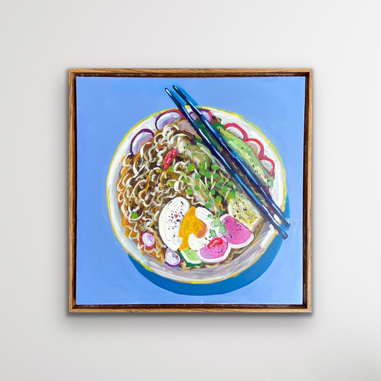 Framed Ramen Bowl With Egg Still Life Painting On Canvas | Wood Frame Food Art Noodles in Local Chicago Artist