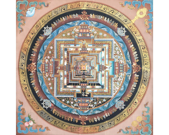 Brocade Mounted Medium Sized Kalachakra Mandala With Fine Intricate Workmanship | Art For Wall Decor Yoga Studio Item
