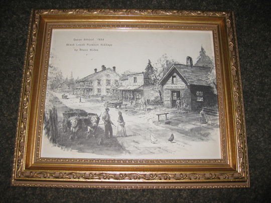 Illustration 1800's "Queen Street 1850 Black Creek Pioneer Village By Bruce Milne" & White Illustration Framed 10 1/2" X 12