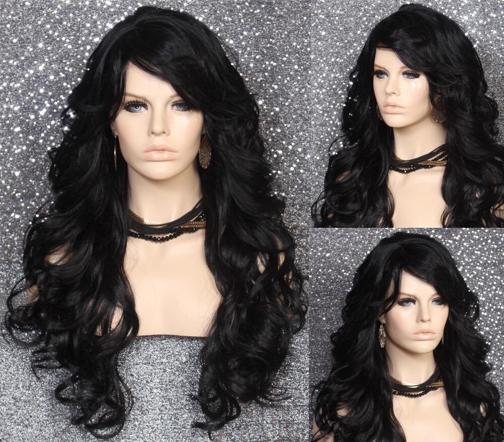 Black Human Hair Blend Wig Heat Ok Long Curly Full Bangs Cancer Alopecia Threater Cosplay