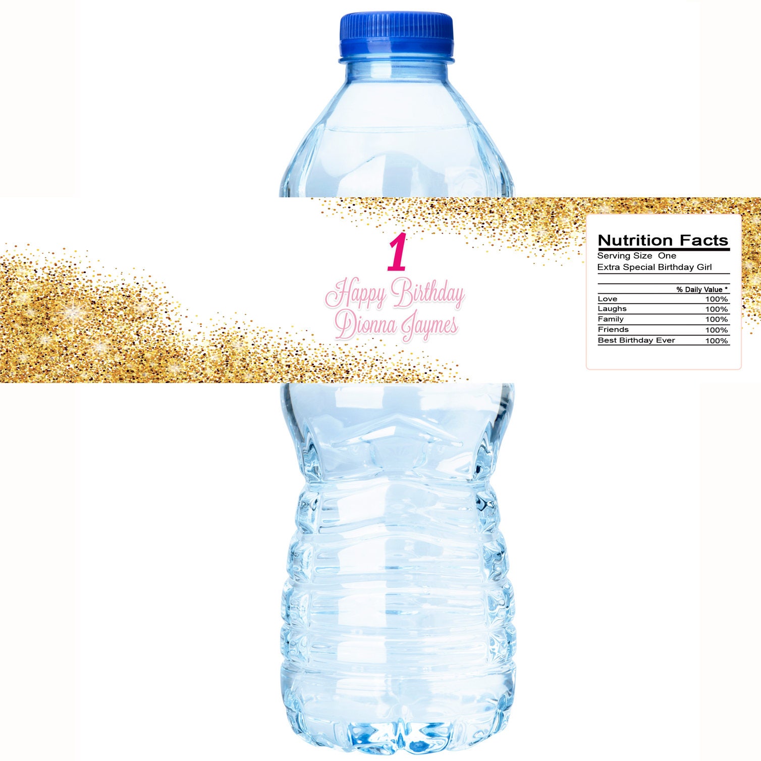 30 Personalized Custom Faux Gold Glitter Waterproof Water Bottle Labels - Great For Birthday Party Favors