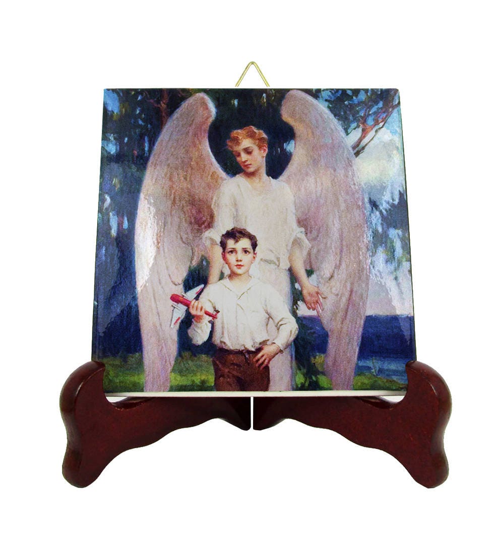 Religious Art - Guardian Angel By Chambers Collectible Ceramic Tile Catholic Gifts Baptism Gift Idea Protector Angel