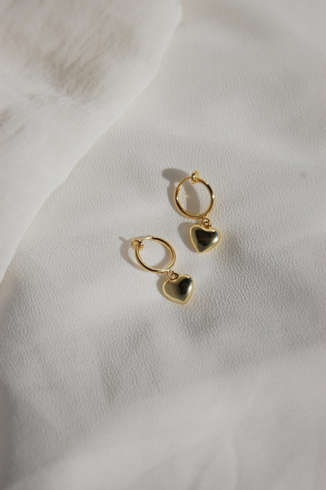 Clip On Earrings, Gold Heart Huggie Hypoallergenic, Nickel Free, Puffy Dangle Dainty Earring