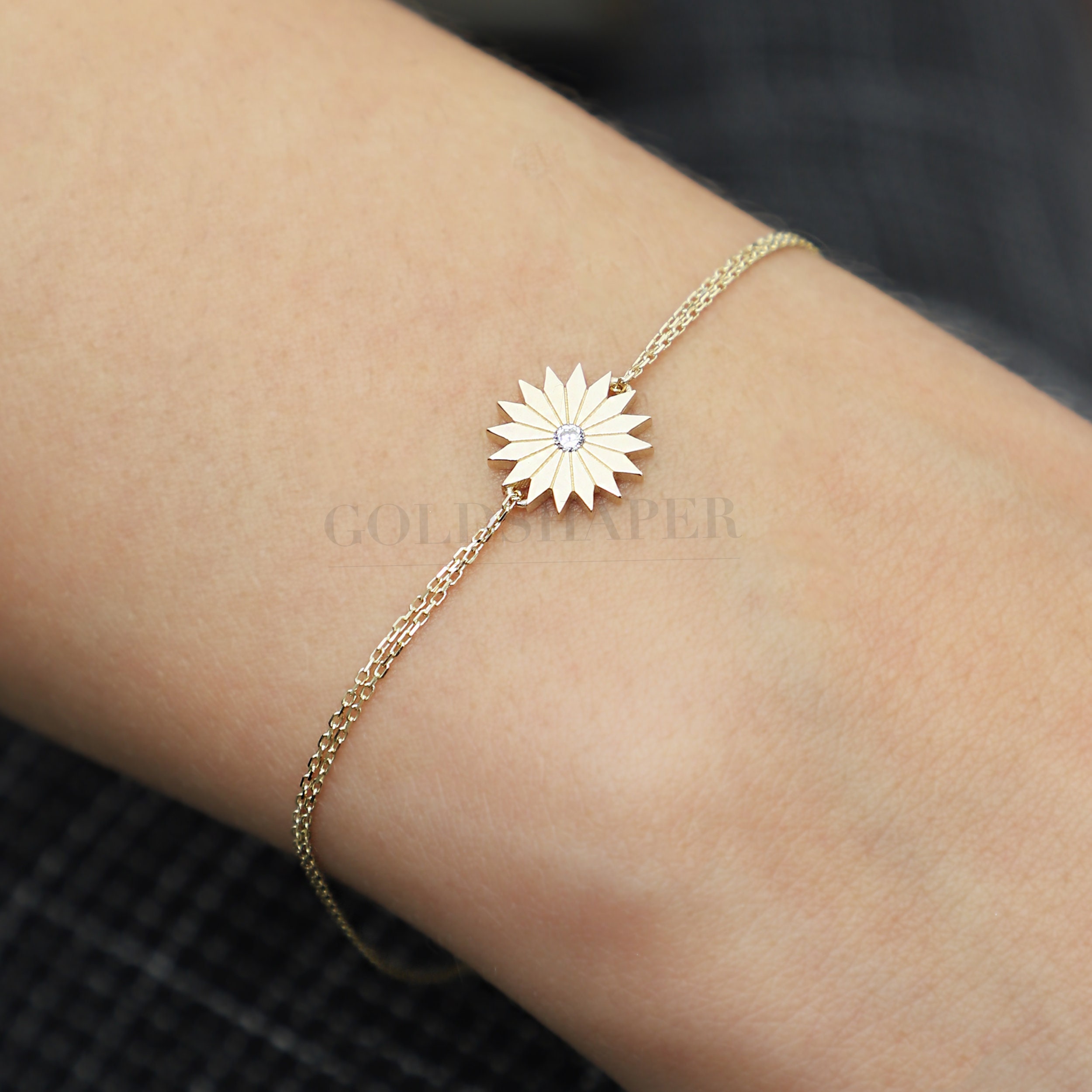 Daisy Bracelet, 14K Flower Solid Gold, Lucky Animal, Minimalist, Christmas Gift, Bridesmaid Birthday Gift