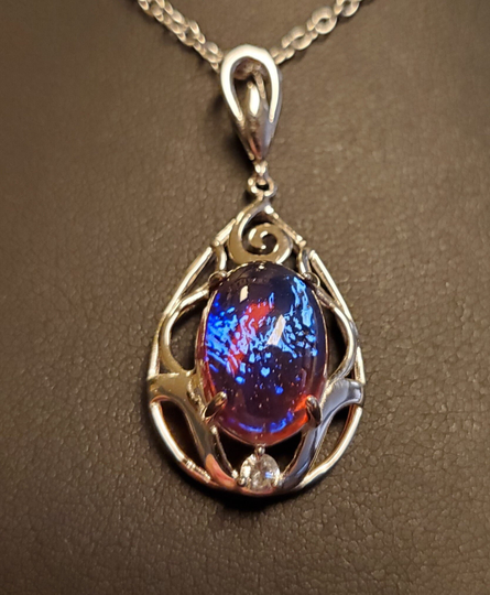 Dragons Breath Sterling Necklace, See Crazy Blue Flash On Video 10x14mm Glass Cabochon, 925 Silver Swirl Top Pendant, 18" Chain