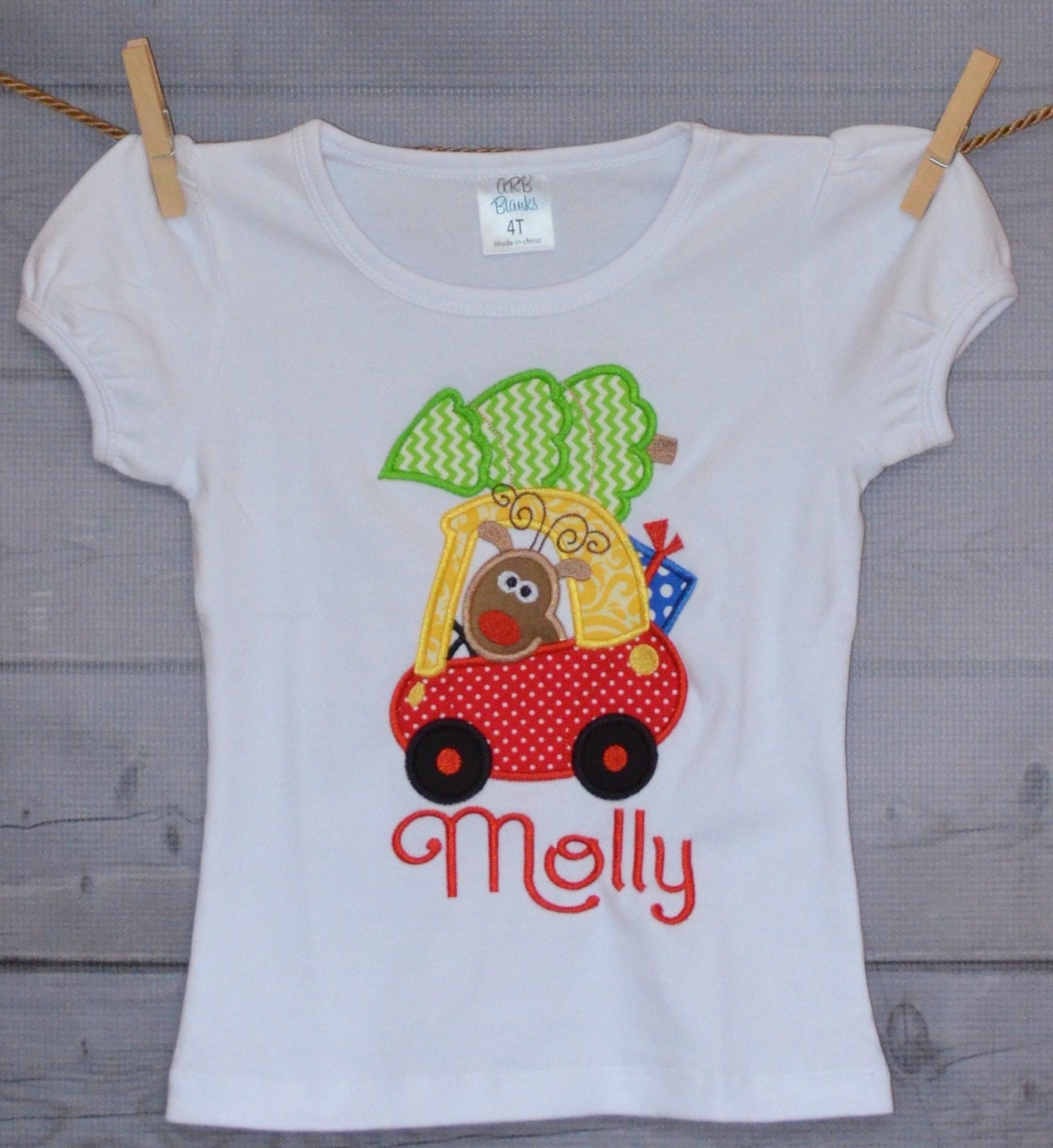 Reindeer in Coupe Car With Christmas Tree Applique Shirt Or Bodysuit Child, Baby Adult