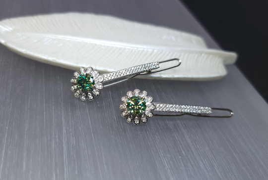 1 Ct, Green-Blue Moissanite Solid Silver Hair Clips, Blue-Green Accessories, Can Pass Diamond Tester, 1克拉蓝绿莫桑钻纯银发夹