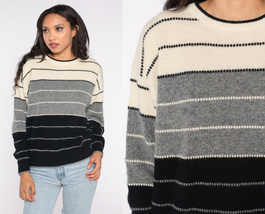 80S Striped Sweater Wool Angora Blend Knit Black Cream Grey Stripes Grunge Jumper Vintage Pullover Retro Basic Crewneck Liz Claiborne Medium