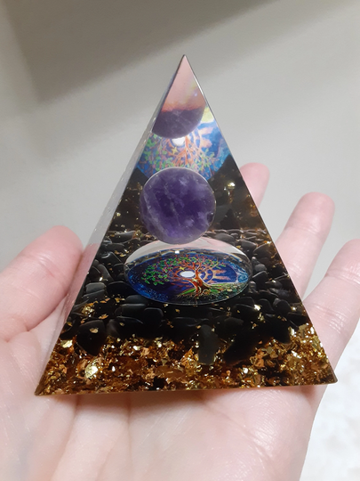 Resin Pyramid With Amethyst Sphere & Tree Of Life Design