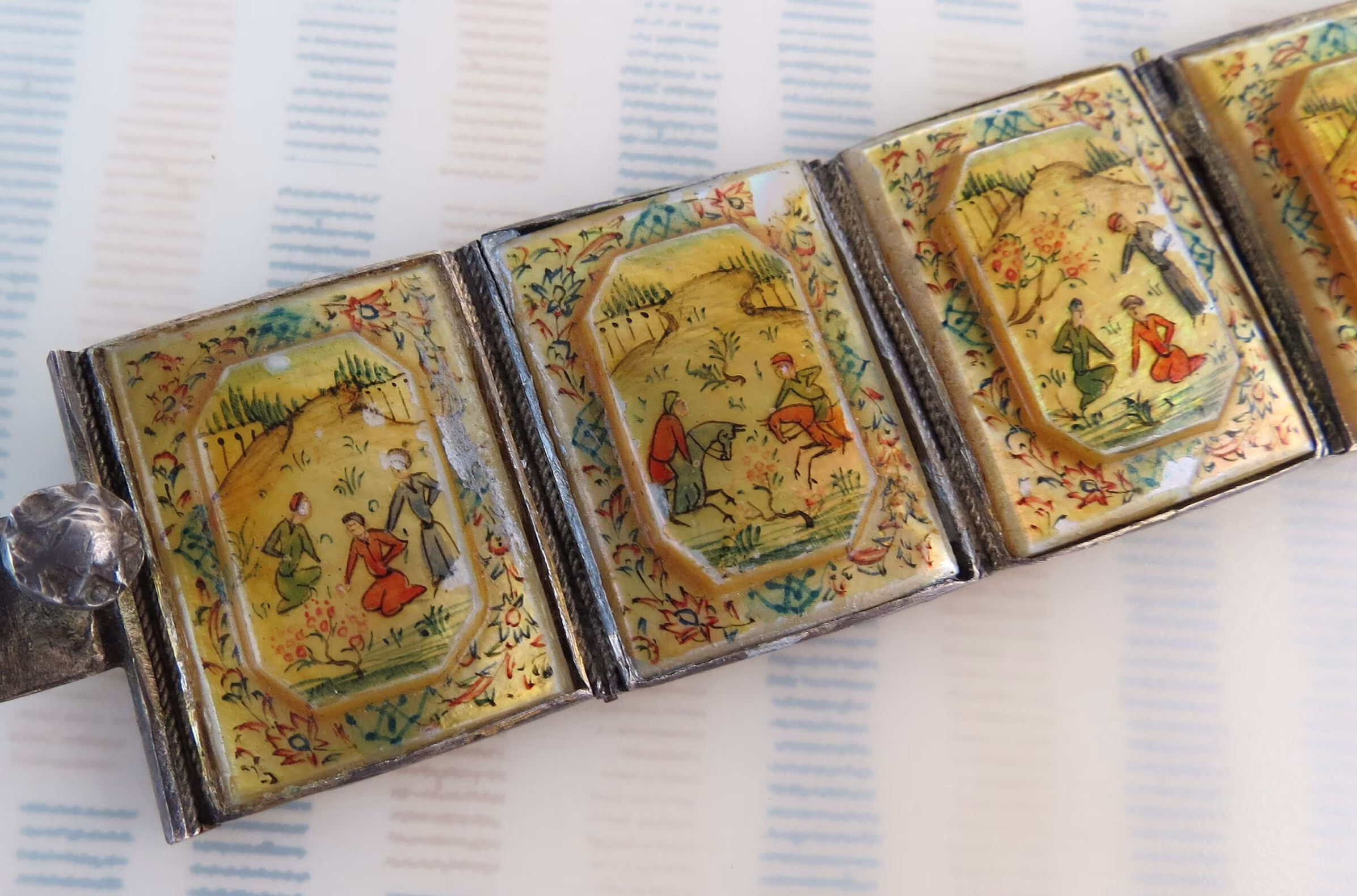 Antique Persian Miniature Painting Diorama Hand Painted Colorful Mountain Adventure Mother Of Pearl Sterling Silver Panel Link Bracelet