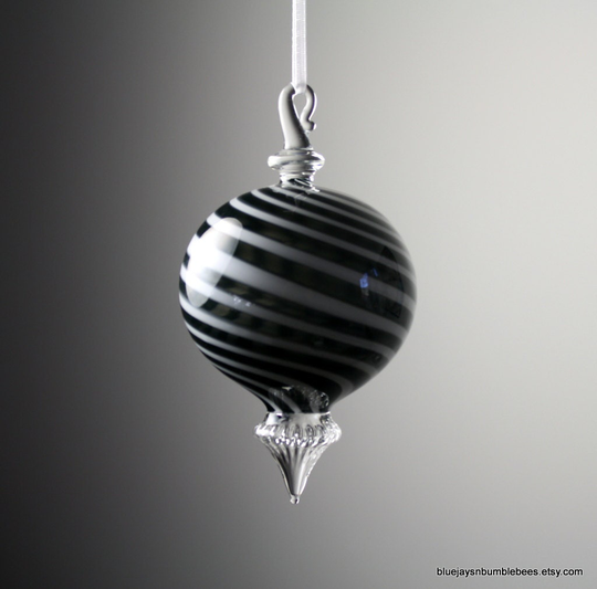 Fancy Black & White Swirled Blown Glass Ornament