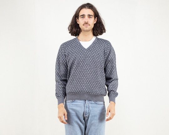 Grey Wool Blend Sweater Mens 90's Retro Pullover Jumper Pattered Geometric Sweater Clothing Boho Size Small S