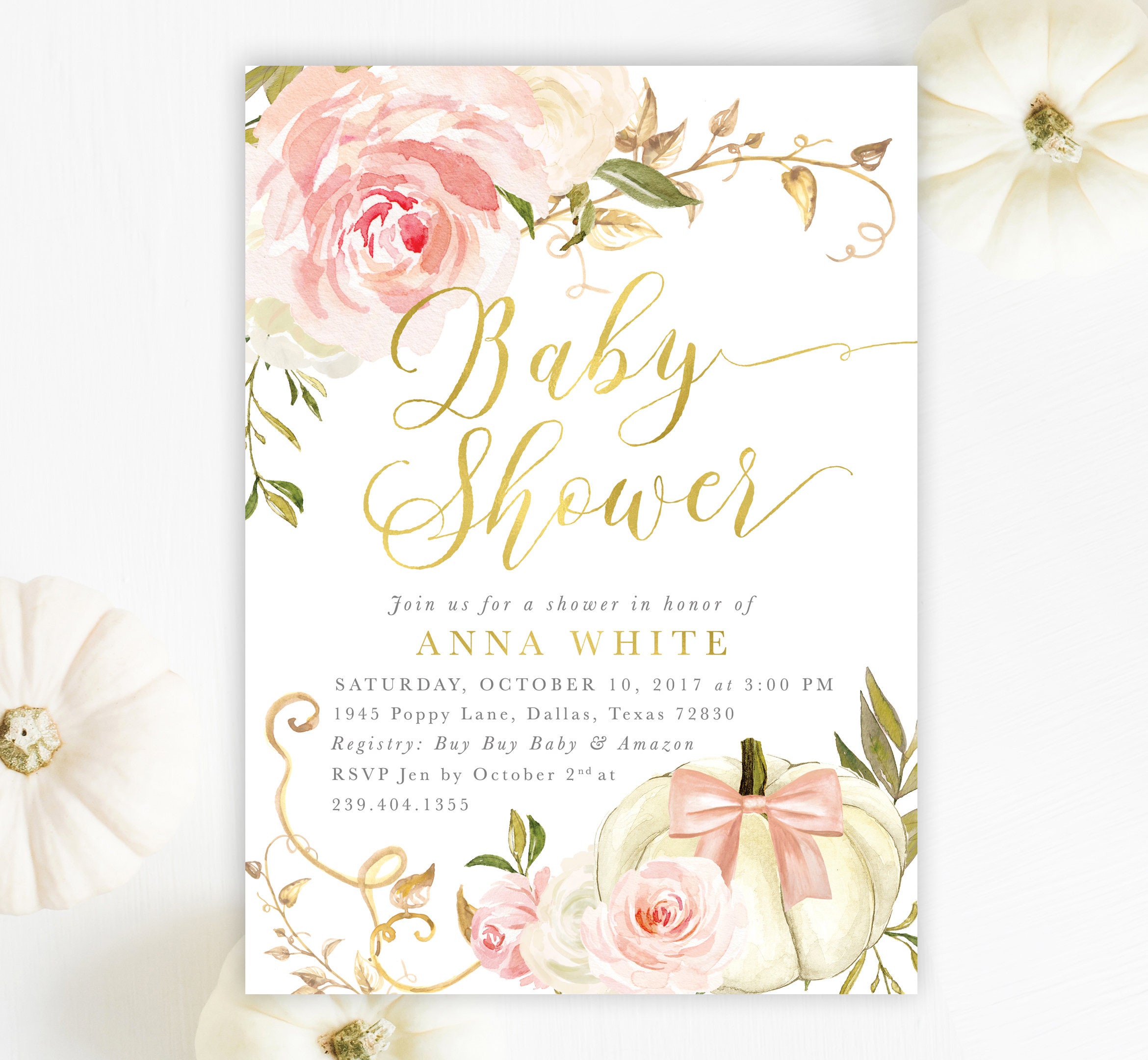 Girl Fall Baby Shower Invitation, Pumpkin Invite, Autumn Pink White Roses, Printed/ Printable - 11