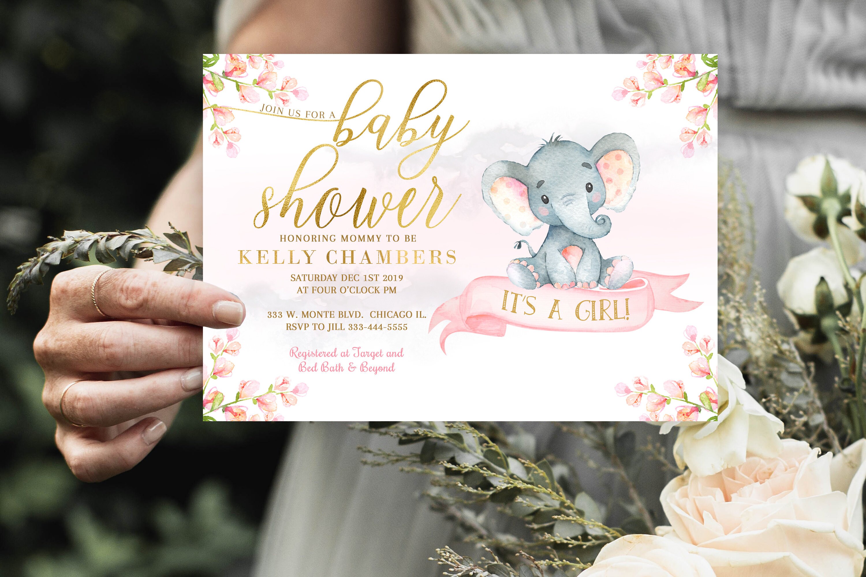 Elephant Baby Shower Invitation, Girl Elephant Invite, Pink Little Peanut Invitation #7