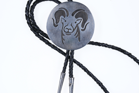 Hopi Sterling Silver Overlay Rams Head Bolo Tie