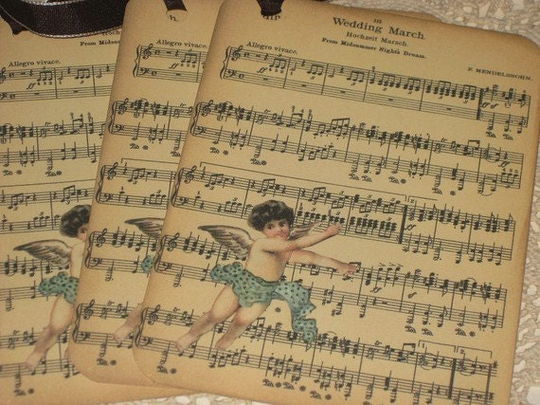 Wedding March Vintage Tags Set Of 4 F. Mendelssohn Sheet Music