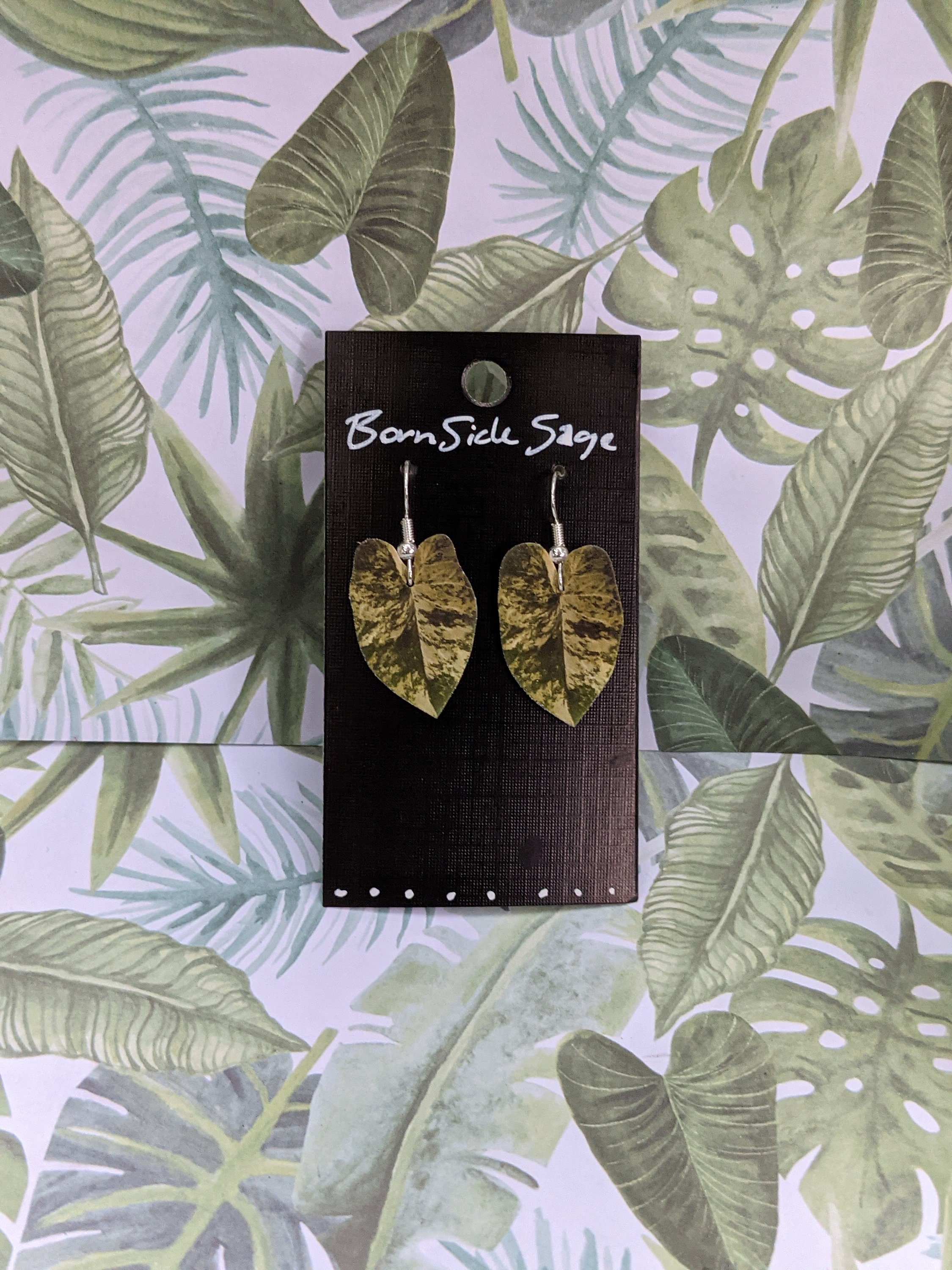 Frog in A Blender Caladium Botanical Plant Leaf Earrings
