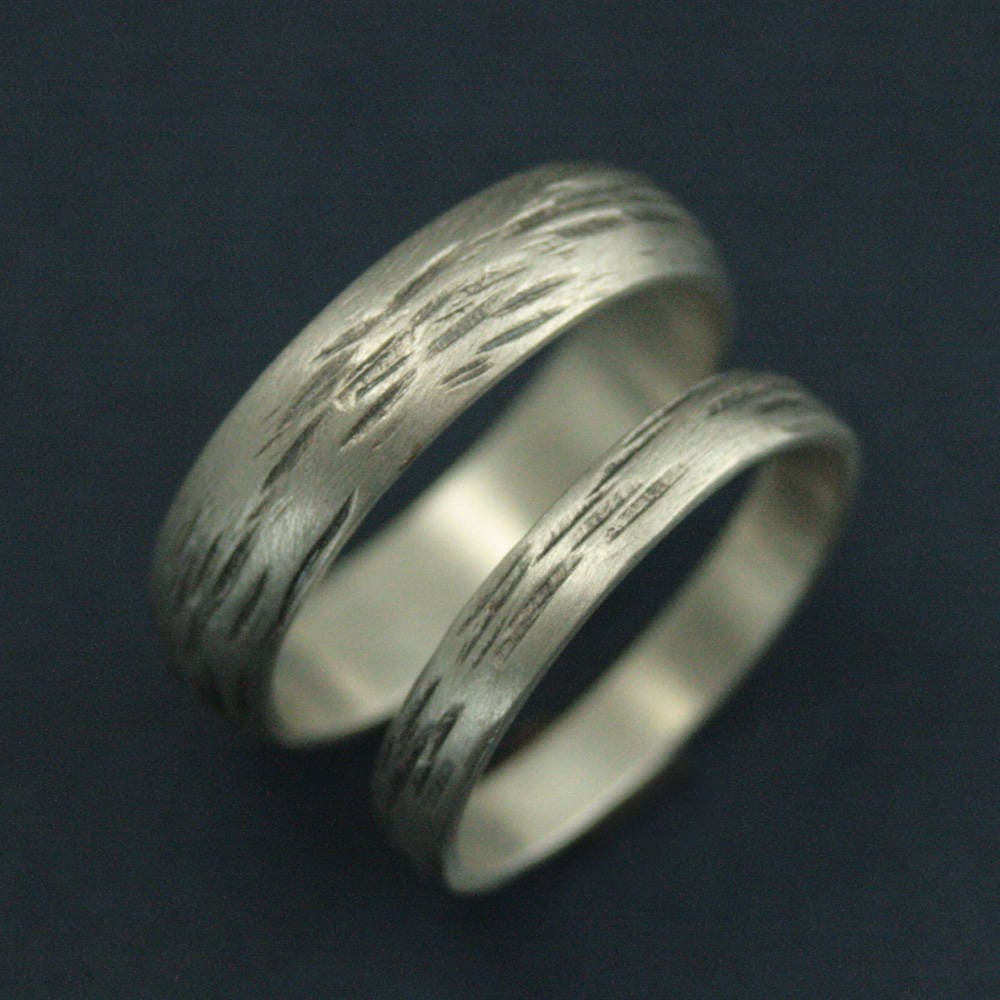 Aspen Wedding Set~His & Hers Bands~His Rings~Silver Set~Bark Band Set~Rustic Set~Woodland Rings