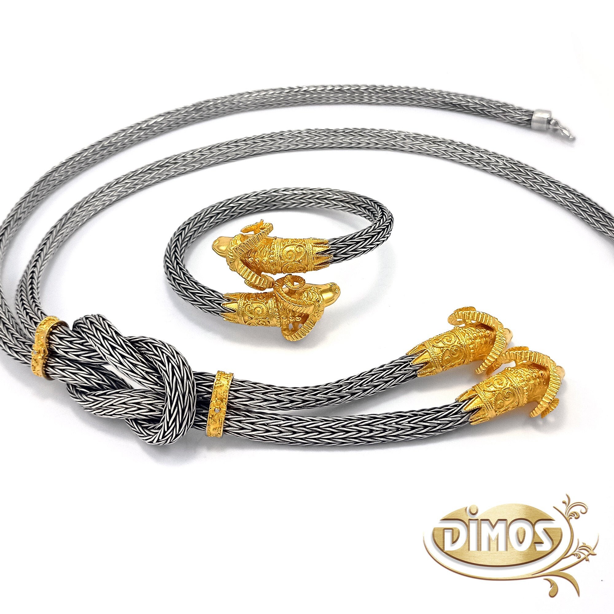 Silver Byzantine Rams Set For Women. Hercules Knot Necklace & Knitted Bracelet. Handmade in Greece